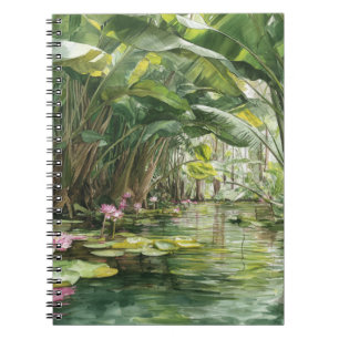 Lush Grönt Jungle Vatten Lily Illustration Anteckningsbok