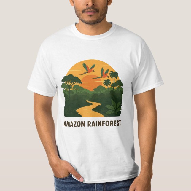 Lush Grönt Retro Vector Amazon Rainforest Sunset T Shirt (Framsida)