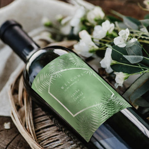 Lush Handflatan Bröllop Välkomsthälsning Moss Grön Vinflaska Etikett