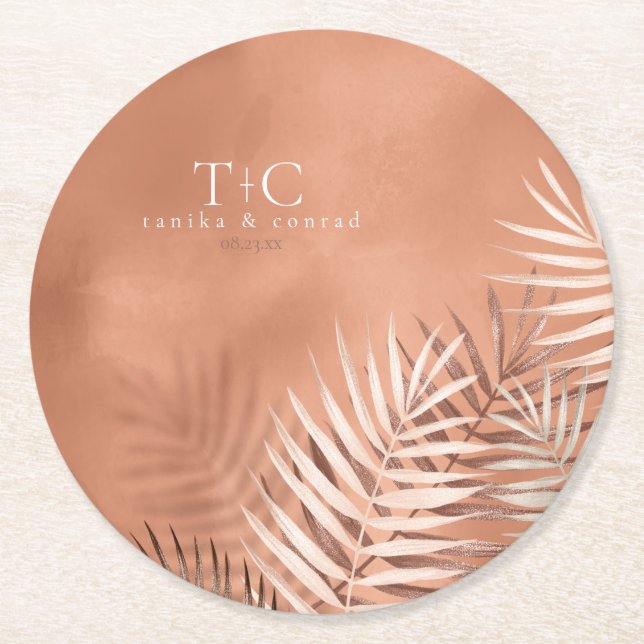 Lush Handflatan Löv Bröllop Terra Cotta ID956 Underlägg Papper Rund (Framsidan)