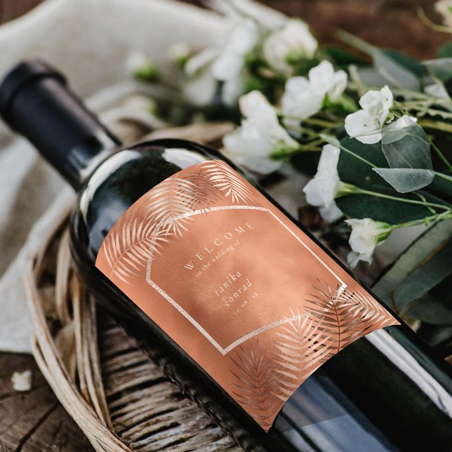 Lush Handflatan Löv Bröllop Välkommen Terra Cotta  Vinflaska Etikett (Skapare uppladdad)