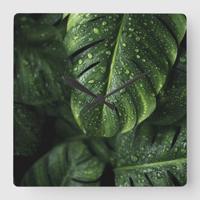 Lush Monstera Leaves with Morning Dew Drops Fyrkantig Klocka (Framsida)