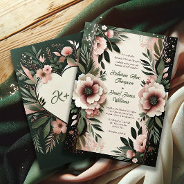 Lush Mörk grönt och  Rosa Blommigt Bröllop Inbjudningar