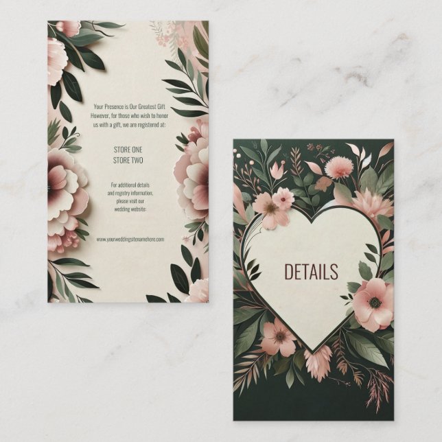 Lush Mörk grönt och  Rosa Blommigt Bröllop Tilläggskort (Fram/baksida)
