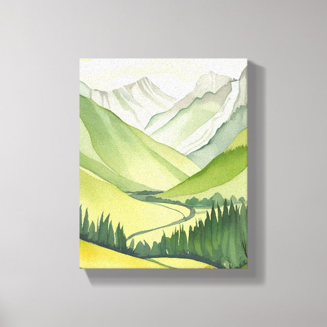 Lush Mountains | Grönt Vattenfärg liggande Canvastryck (Framsida)
