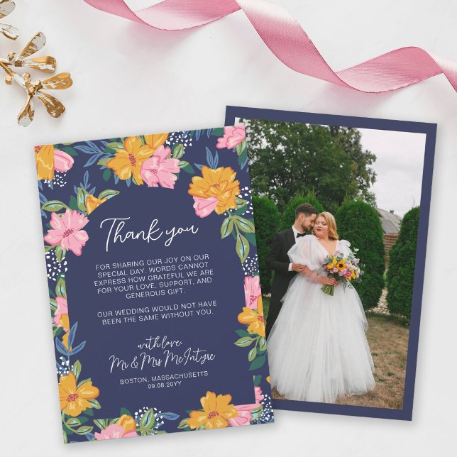 Lush Pink Yellow Flowers Dark Blue Wedding Photo Tack Kort (Skapare uppladdad)