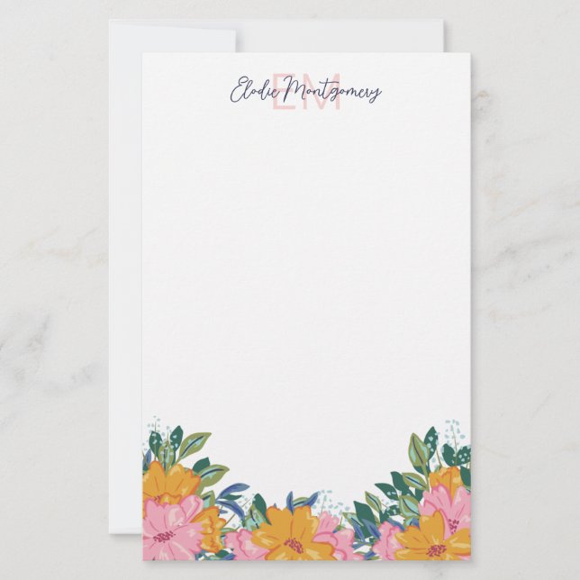 Lush Pink Yellow Flowers Name & Initial Brevpapper (Framsida)