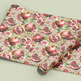 Lush Pomegranate Fruit and Flowers Pattern Presentpapper