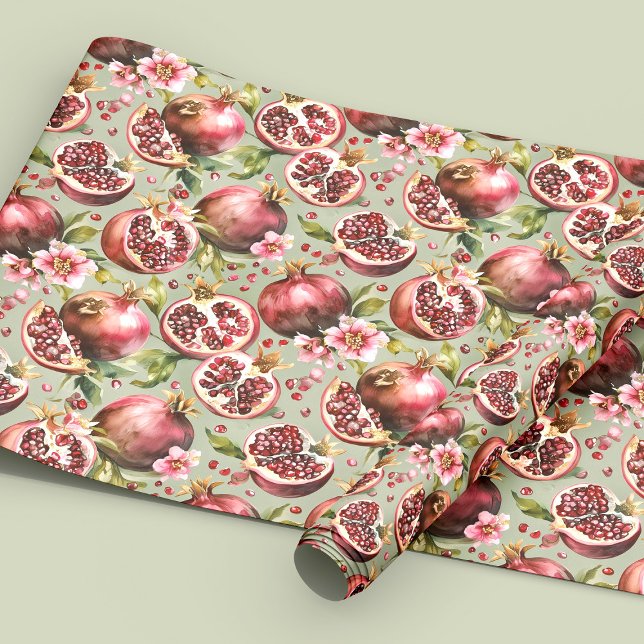 Lush Pomegranate Fruit and Flowers Pattern Presentpapper (Skapare uppladdad)