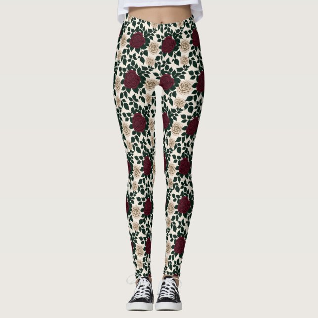 Lush Red And Burgundy Roses With Dark Green Leaves Leggings (Framsida)
