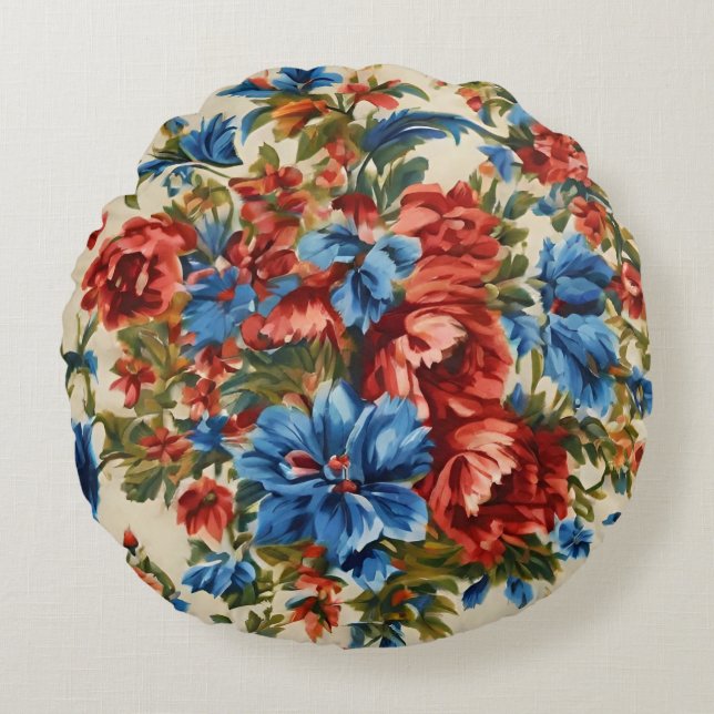 Lush Red och Blåa blommor med Lush Löv Rund Kudde (Framsidan)