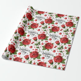 Lush Red Roses with Scattered Heart Petals Pattern Presentpapper
