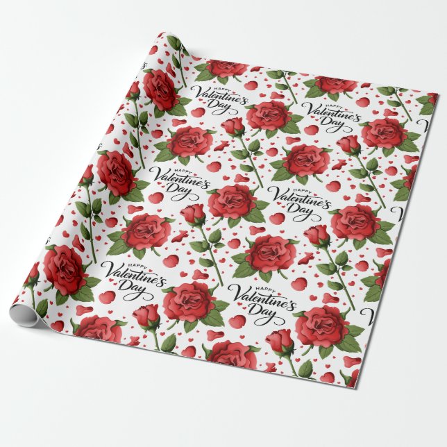 Lush Red Roses with Scattered Heart Petals Pattern Presentpapper (Utrullad)