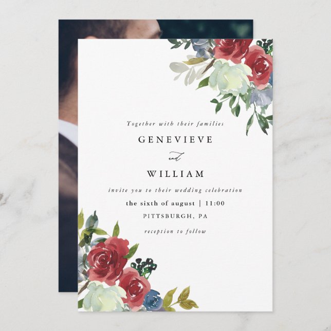 Lush Red Watercolor Blommigt Bouquet Photo Bröllop (Fram/baksida)