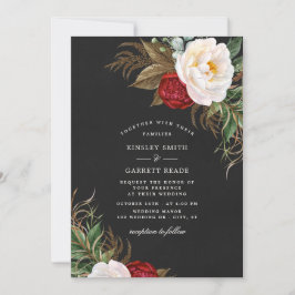 Lush Red Watercolor Peonies Blommigt Black Bröllop Inbjudningar