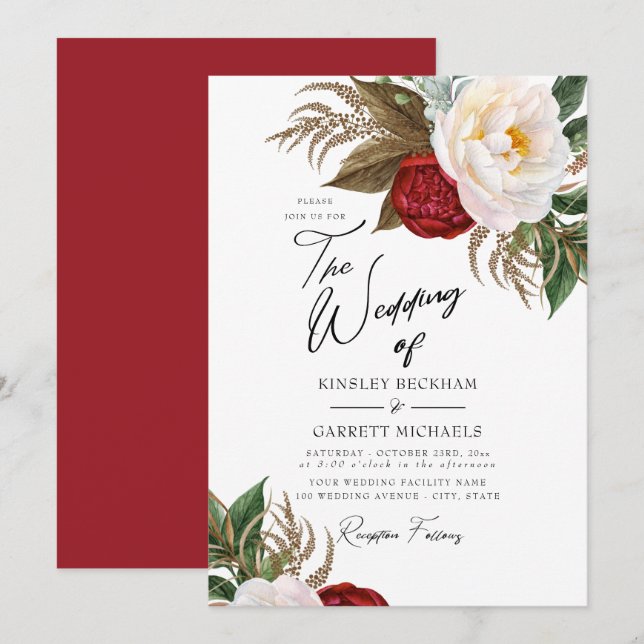 Lush Red & White Watercolor Peonies Bröllop Inbjudningar (Fram/baksida)