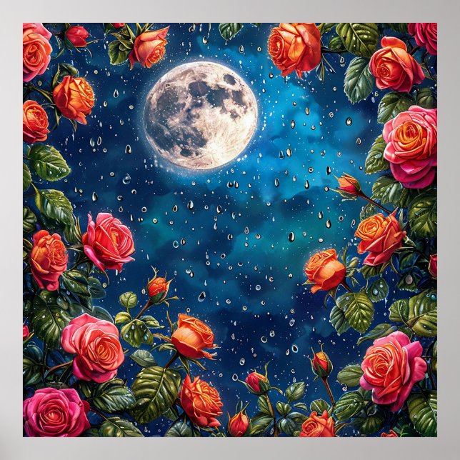 Lush Ro Framing a Full Moon i en stjärnnatt Poster (Framsidan)