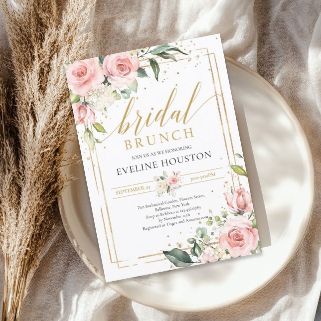 Lush  rosa blommigt guld ram möhippa brunch inbjudningar (Lush blush pink floral gold frame bridal brunch invitation)