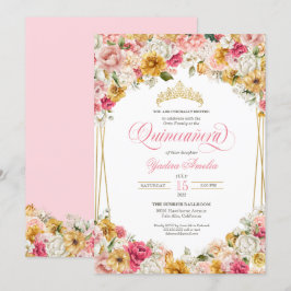 Lush  Rosa Gult Blommigt Elegant Quinceanera  Inbjudningar