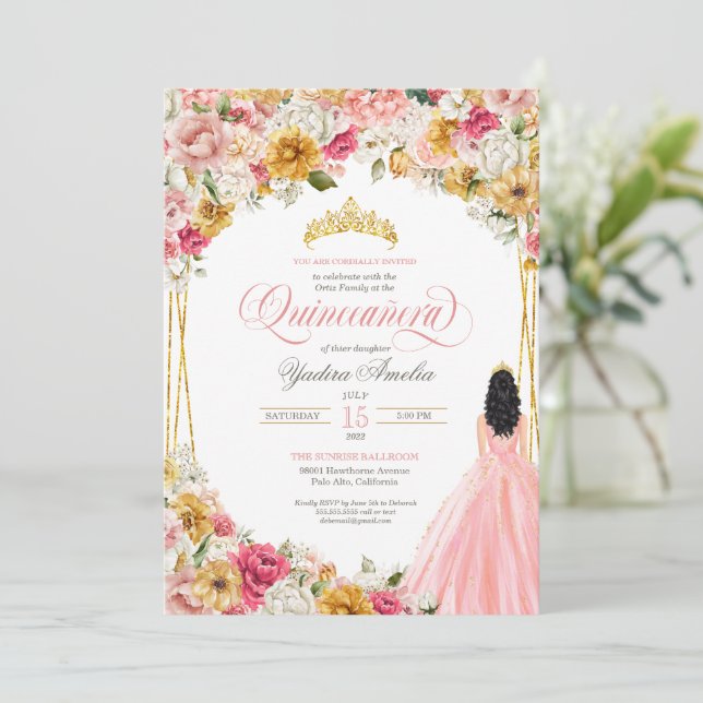 Lush  Rosa Gult Blommigt & Gown Quinceanera I Inbjudningar (Stående Fram)