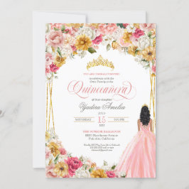 Lush  Rosa Gult Blommigt & Gown Quinceanera Inbjudningar