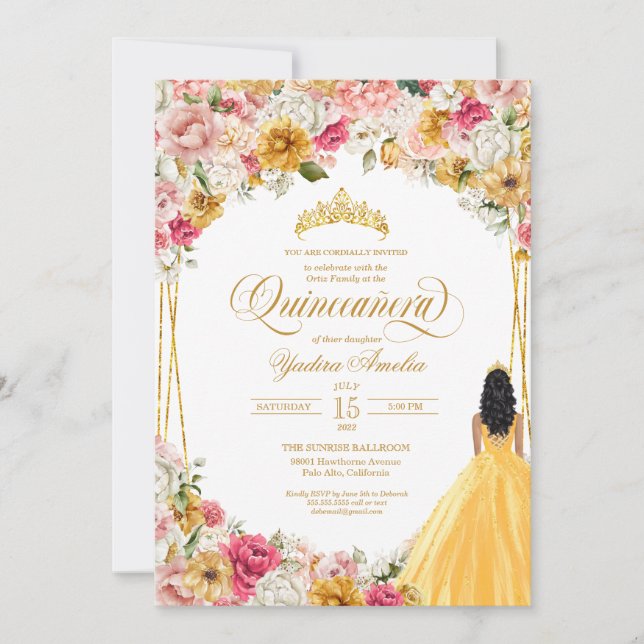 Lush  Rosa Gult Guld Blommigt Quinceanera Inbjudningar (Framsida)