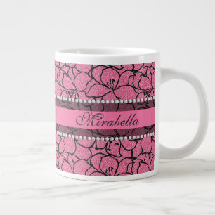 Lush Rosa Lilies med svart kontur, rosa glitter Jumbo Mugg