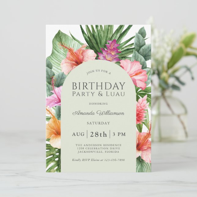 Lush Tropical Blommigt Födelsedagsfest och Luau Inbjudningar (Stående Fram)