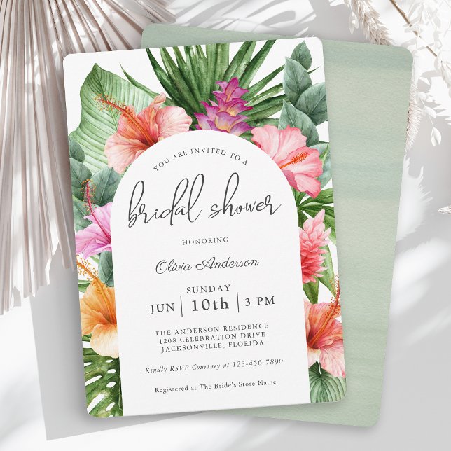 Lush Tropical Blommigt Möhippa och Luau Inbjudningar (A beautiful tropical bridal shower invitation with a luau theme.)