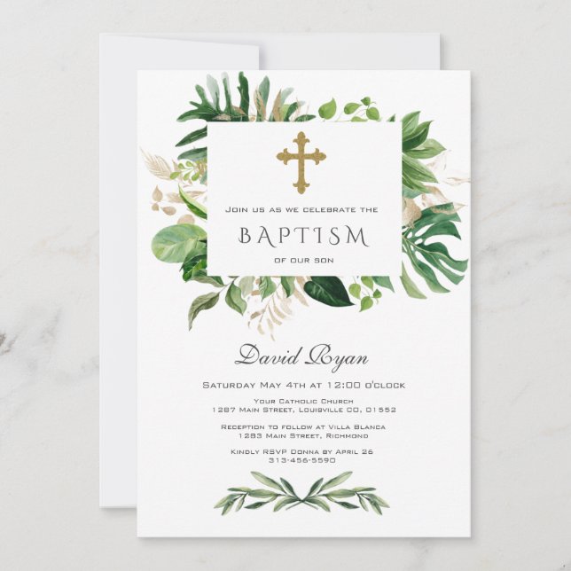 Lush Tropical Foliage Guld Kor Boy Baptism Inbjudningar (Framsida)