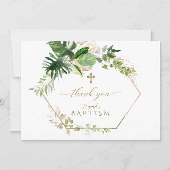 Lush Tropical Foliage Guld Kor Boy Baptism Tack Kort (Framsida)