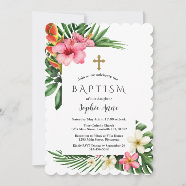Lush Tropical Garden Flowers Bloom Girl Baptism Inbjudningar (Framsida)