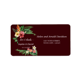 Lush Tropical Garden Flowers Deep Burgundy Wedding Adressetikett