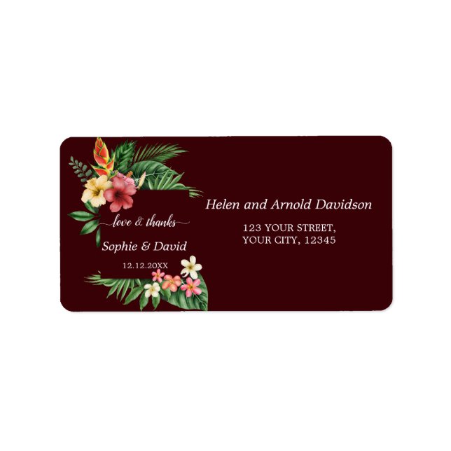 Lush Tropical Garden Flowers Deep Burgundy Wedding Adressetikett (Framsidan)