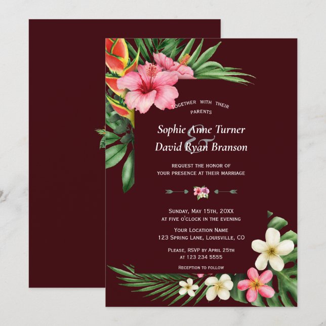 Lush Tropical Garden Flowers Deep Burgundy Wedding Inbjudningar (Fram/baksida)