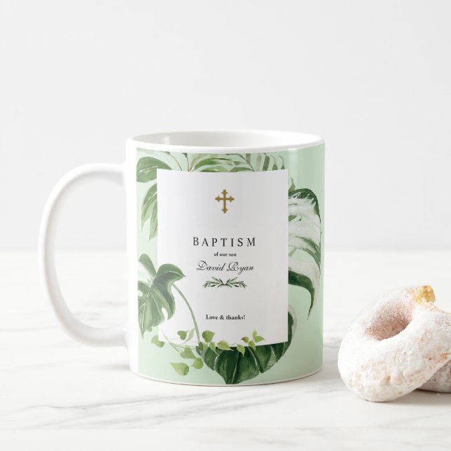 Lush Tropical Greenery Guld Kor Boy Baptism Kaffemugg (Med munk)