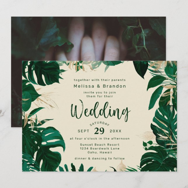 Lush Tropical Grey och Guld Vågrät Bröllop Inbjudningar (Fram/baksida)