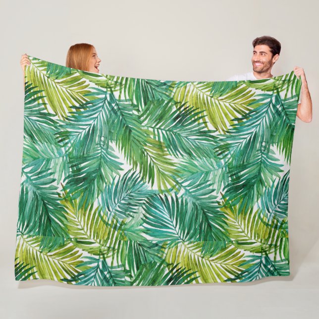 Lush Tropical Island Green Palm Leaf Watercolor  Fleecefilt (På plats)