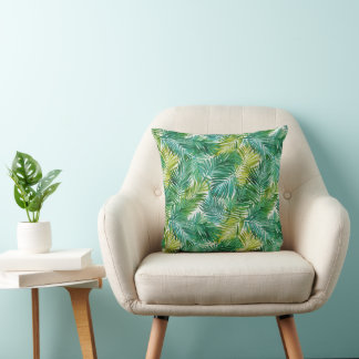 Lush Tropical Island Green Palm Leaf Watercolor Kudde