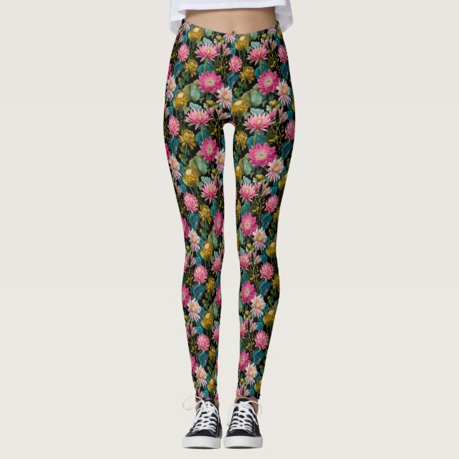 Lush Tropical Leaves Pink Exotic Flowers Botanical Leggings (Framsida)