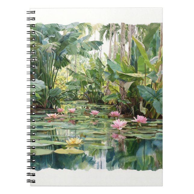 Lush Tropical Lily Pond Botanical Art Notebook Anteckningsbok (Framsidan)