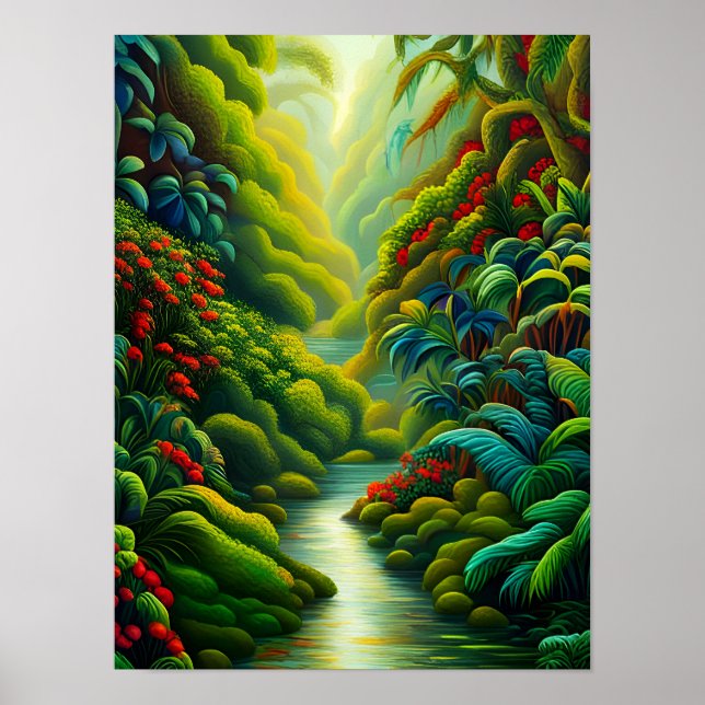 Lush Tropical Rainforest with Flowers and Stream Poster (Framsidan)