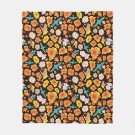 Lush Vår Blommigt och fåglar på mörkens bakgrund Fleecefilt