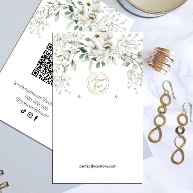 Lush White Flowers Earring Visning Business Visitkort (watercolor flowers in shades of green and white in rustic garden greenery #whiteflowers #greenery)