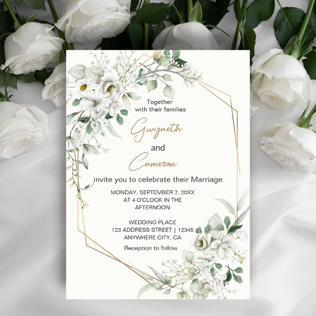 Lush White Flowers och Geometric Guld Inbjudningar (An elegant invitation that combines the simplicity of white flowers with the allure of geometric. )