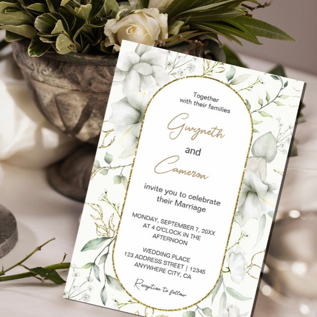 Lush White Flowers och Guld Lövs Inbjudningar (An elegant invitation that combines the simplicity of white flowers with the allure of gold. #leaves)