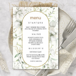 Lush White Flowers och Guld Lövs Menu Inbjudningar
