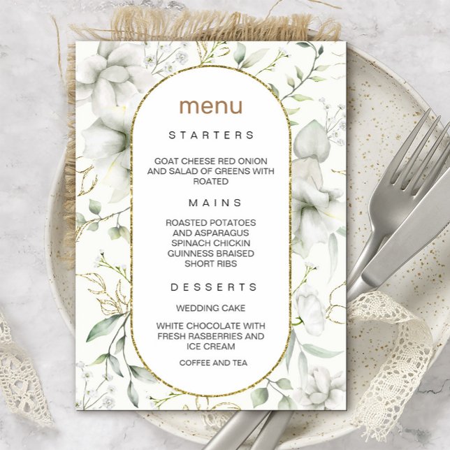 Lush White Flowers och Guld Lövs Menu Inbjudningar (An elegant invitation that combines the simplicity of white flowers with the allure of gold #dinner)