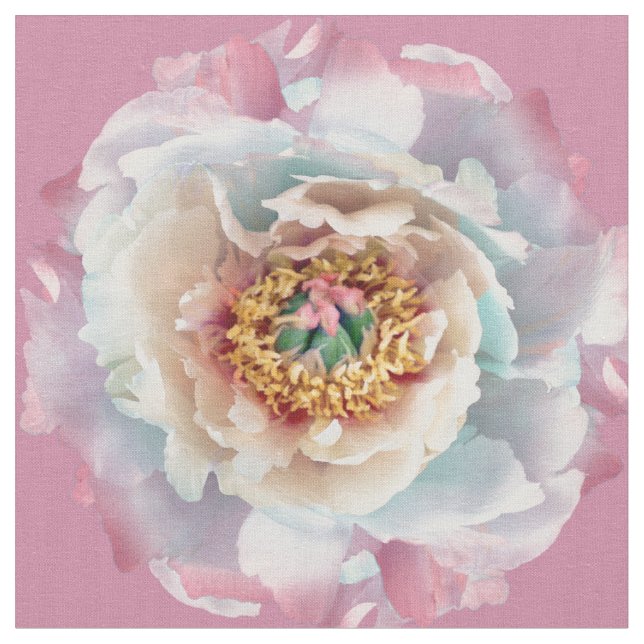 Lush White Peonies Mönster Tyg (Närbild)