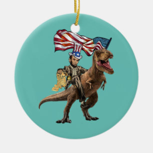 Lusny Abe Lincoln med Dinosaur T Rex American Julgransprydnad Keramik